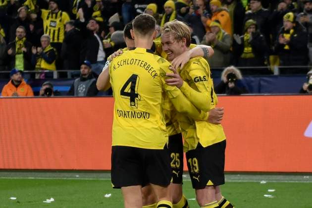 Julian Brandt 19, Borussia Dortmund celebrates after scoring the 2-0 goal with Niklas Süle Suele 25, Borussia Dortmund Nico Schlotterbeck 4, Borussia Dortmund 07 11 2023 Soccer, Champions League, Borussia Dortmund vs Newcastle United , Signal Iduna Park, Dortmund, NRW Germany Copyright: xpepphotox xHorstxMauelshagenx pep00321, pep_20231107_hm