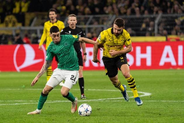 GER, UEFA Champions League, Borussia Dortmund vs Newcastle United, Group stage 4 Matchday 07 11 2023, Signal Iduna Park, Dortmund, GER, UEFA Champions League, Borussia Dortmund vs Newcastle United, Group stage 4 Matchday In the picture duel between Miguel Almiron Almiron Newcastle United, 24 and Salih Özcan BV Borussia Dortmund, 6 Full body Whole body ball on foot Landscape format nordphotoxGmbHxx xChristianxSchulze nph000300