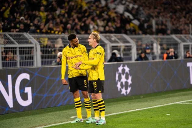 GER, UEFA Champions League, Borussia Dortmund vs Newcastle United, Group stage 4 matchday 07 11 2023, Signal Iduna Park, Dortmund, GER, UEFA Champions League, Borussia Dortmund vs Newcastle United, Group stage 4 matchday In the picture Goal celebration Cheering the goal to 2 0 by Julian Brandt BV Borussia Dortmund, 19 Felix Nmecha BV Borussia Dortmund, 8 Gestures, facial expressions, emotions nordphotoxGmbHxx xChristianxSchulze nph000300