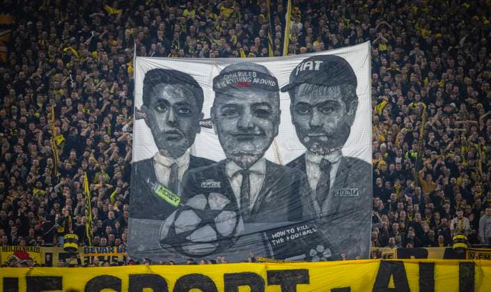 Dortmund, Germany 07th Nov 2023 BVB fans criticize FIFA and UEFA Gianni Infantino Borussia Dortmund Newcastle United 07 11 2023