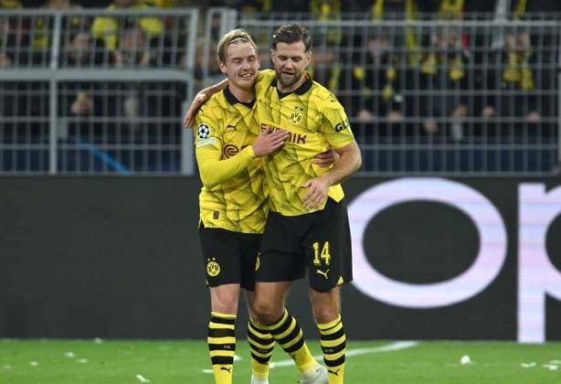 Jubel 2 0 Niclas Füllkrug Borussia Dortmund , Julian Brandt Borussia Dortmund , v re 07 11 2023, Football Champions League, Season 2023 2024, Preliminary round, Matchday 4, Borussia Dortmund Newcastle United Dortmund Signal Iduna Park Nordrhein Westfalen Germany Team2