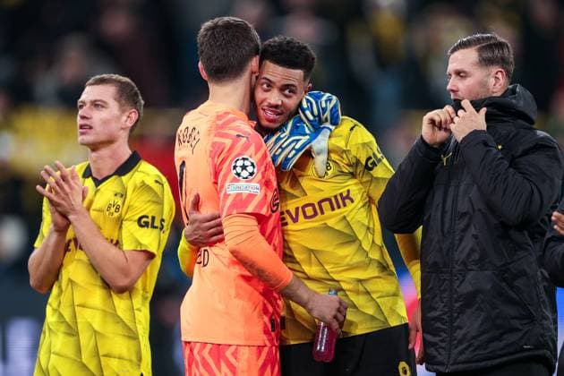 07 11 2023, Football, Season 2023 2024, UCL, UEFA Champions League, Group stage, Matchday 4, Borussia Dortmund Newcastle United, v l Julian Ryerson Borussia Dortmund , Gregor Kobel Borussia Dortmund , Felix Nmecha Borussia Dortmund , Niclas Füllkrug Borussia Dortmund , Dortmund Signal Iduna Park NRW Germany xRHR PHOTO DEx Copyright: DennisxEwert RHR-FOTOx RHR-FOTO DE