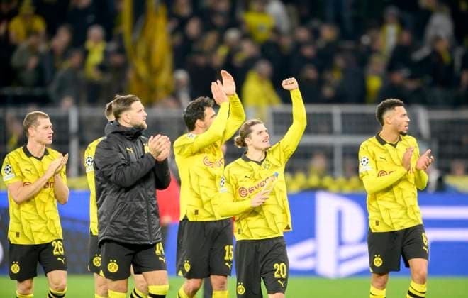 Final cheer DO, f l Julian RYERSON DO , Niclas FUELLKRUG Füllkrug DO , Mats HUMMELS DO , Marcel SABITZER DO , Felix NMECHA DO on the lap of honor Football Champions League, Preliminary Round, Matchday 4, Borussia Dortmund DO Newcastle United NU , on 07 11 2023 in Dortmund Germany UEFA regulations prohibit any use of photographs as image sequences and or quasi video Â