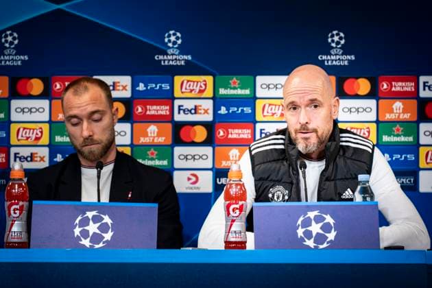Christian Eriksen and coach Erik ten Hag during Manchester United s press conference before Wednesday s Champions League match against FC Copenhagen in Parken on Tuesday 7 November 2023 Photo Emil Nicolai Helms Ritzau Scanpix , Denmark Kobenhavn  Copyright: EmilxNicolaixHelmsx COP15003 spdk20231107-205900-L