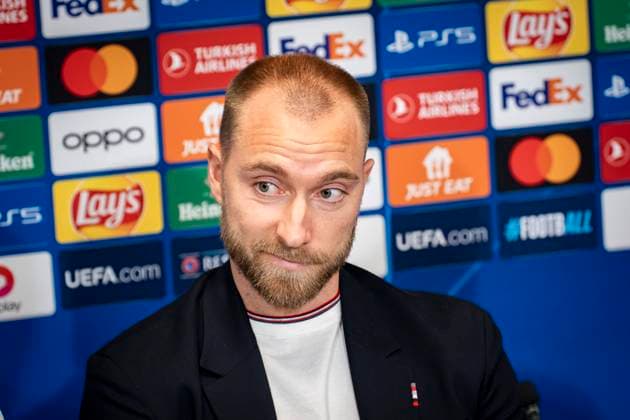 Christian Eriksen during Manchester United s press conference before Wednesday s Champions League match against FC Copenhagen in Parken on Tuesday 7 November 2023 Photo Emil Nicolai Helms Ritzau Scanpix , Denmark Kobenhavn  Copyright: EmilxNicolaixHelmsx COP15003 spdk20231107-205829-L