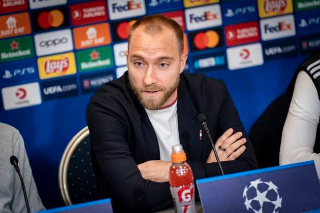Christian Eriksen during Manchester United s press conference before Wednesday s Champions League match against FC Copenhagen in Parken on Tuesday 7 November 2023 Photo Emil Nicolai Helms Ritzau Scanpix , Denmark Kobenhavn  Copyright: EmilxNicolaixHelmsx COP15003 spdk20231107-205844-L