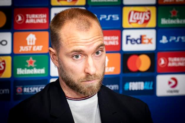 Christian Eriksen during Manchester United s press conference before Wednesday s Champions League match against FC Copenhagen in Parken on Tuesday 7 November 2023 Photo Emil Nicolai Helms Ritzau Scanpix , Denmark Kobenhavn  Copyright: EmilxNicolaixHelmsx COP15003 spdk20231107-205743-L