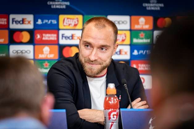 Christian Eriksen during Manchester United s press conference before Wednesday s Champions League match against FC Copenhagen in Parken on Tuesday 7 November 2023 Photo Emil Nicolai Helms Ritzau Scanpix , Denmark Kobenhavn  Copyright: EmilxNicolaixHelmsx COP15003 spdk20231107-205804-L