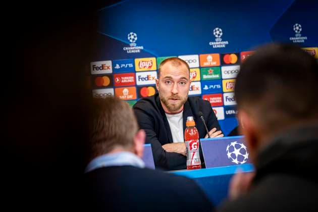 Christian Eriksen during Manchester United s press conference before Wednesday s Champions League match against FC Copenhagen in Parken on Tuesday 7 November 2023 Photo Emil Nicolai Helms Ritzau Scanpix , Denmark Kobenhavn  Copyright: EmilxNicolaixHelmsx COP15003 spdk20231107-205808-L