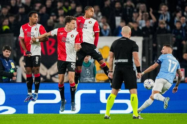 UEFA Champions League: S.S. Lazio v Feyenoord Rome - Quinten Timber of Feyenoord, Mats Wieffer of Feyenoord, Calvin Stengs of Feyenoord, Ciro Immobile of Lazio during the 4th leg of the UEFA Champions League group stage between S.S. Lazio v Feyenoord at Stadio Olympico on 7 November 2023 in Rome, Italy. Copyright: xTomxBodex
