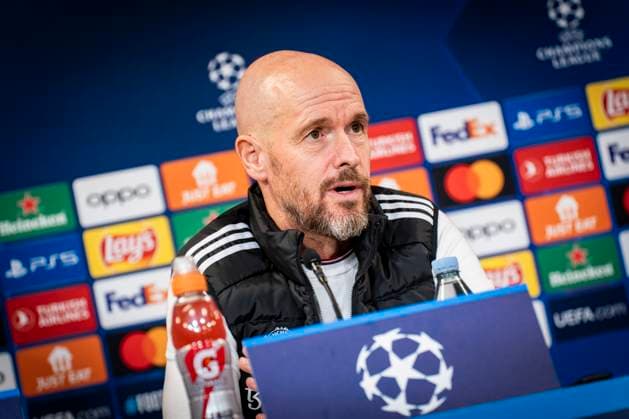 Coach Erik ten Hag during Manchester United s press conference before Wednesday s Champions League match against FC Copenhagen in Parken on Tuesday 7 November 2023 Photo Emil Nicolai Helms Ritzau Scanpix , Denmark Kobenhavn  Copyright: EmilxNicolaixHelmsx COP15003 spdk20231107-205752-L