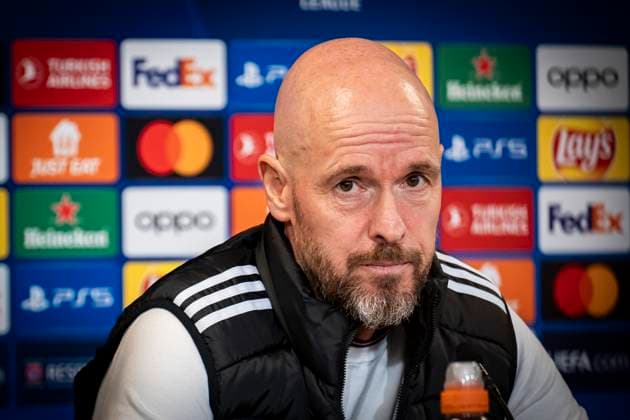 Coach Erik ten Hag during Manchester United s press conference before Wednesday s Champions League match against FC Copenhagen in Parken on Tuesday 7 November 2023 Photo Emil Nicolai Helms Ritzau Scanpix , Denmark Kobenhavn  Copyright: EmilxNicolaixHelmsx COP15003 spdk20231107-205756-L
