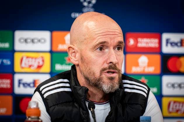 Coach Erik ten Hag during Manchester United s press conference before Wednesday s Champions League match against FC Copenhagen in Parken on Tuesday 7 November 2023 Photo Emil Nicolai Helms Ritzau Scanpix , Denmark Kobenhavn  Copyright: EmilxNicolaixHelmsx COP15003 spdk20231107-205800-L