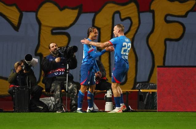 Red Star Belgrade RB Leipzig Champions League Beograd, 07 11 2023, Stadion Rajko Mitic, Fußball , UEFA Champions League, Gruppe G , Spieltag 4 , Red Star Belgrade vs RB Leipzig , Goal for Leipzig to 0 1 In the picture scorer Xavi Simons li , RB Leipzig goal celebration with David Raum 22, RB Leipzig , Photo for editorial use only , UEFA regulations prohibit any use of photographs as image sequences and or quasi video ,