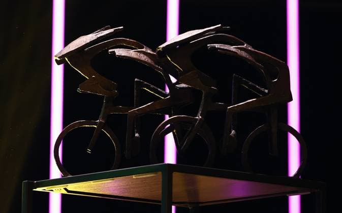 Illustration picture shows the trophy during the Flandrien award ceremony for the best Belgian cyclist of the 2023 cycling season, organized by newspaper Het Nieuwsblad , in Oostende, on Tuesday 07 November 2023. DAVIDxPINTENS  x79482214x