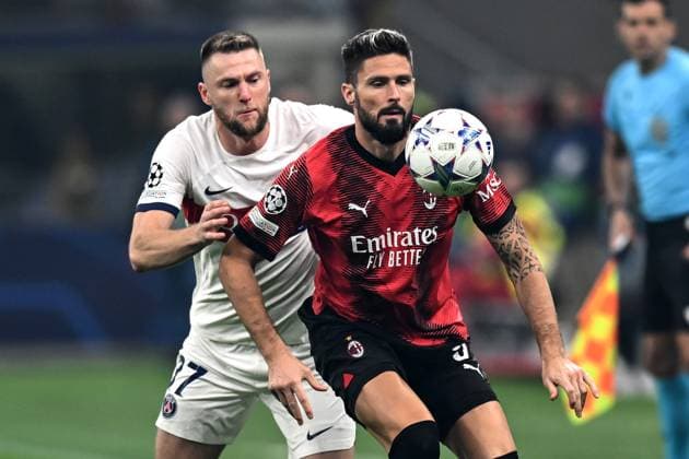 Db Milano 07 11 2023 - Champions League Milan-Paris Saint Germain foto Daniele Buffa Image nella foto: Milan Skriniar-Olivier Giroud 
