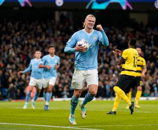 Manchester, England, 7th November 2023. Erling Haaland of Manchester City celebrates scoring his sides opening goal during the UEFA Champions League, Group G match at the Etihad Stadium, Manchester. Picture credit should read: Andrew Yates Sportimage EDITORIAL USE ONLY. No use with unauthorised audio, video, data, fixture lists, club league logos or live services. Online in-match use limited to 120 images, no video emulation. No use in betting, games or single club league player publications. SPI-2717-0038