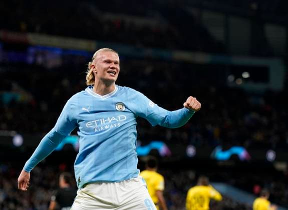 Manchester, England, 7th November 2023. Erling Haaland of Manchester City celebrates scoring his sides opening goal during the UEFA Champions League, Group G match at the Etihad Stadium, Manchester. Picture credit should read: Andrew Yates Sportimage EDITORIAL USE ONLY. No use with unauthorised audio, video, data, fixture lists, club league logos or live services. Online in-match use limited to 120 images, no video emulation. No use in betting, games or single club league player publications. SPI-2717-0031