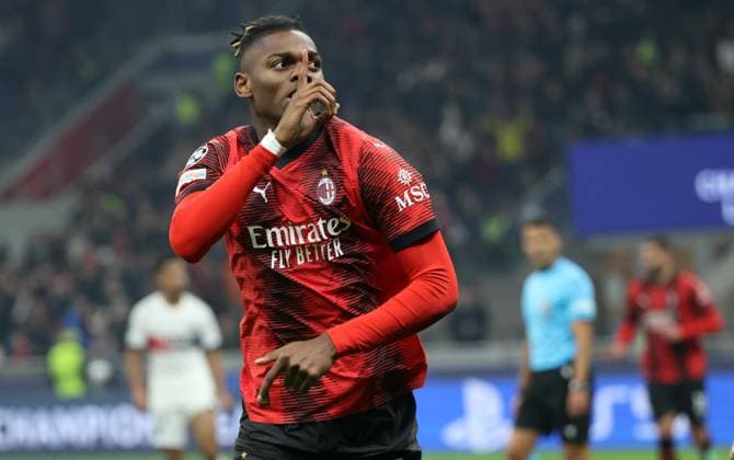 November 7, 2023, MILAN, ITALY: AC Milan™s Rafael Leao jubilates after scoring goal of 1 to 1 during he UEFA Champions League group F soccer match between Ac Milan and Paris Saint-German s at Giuseppe Meazza stadium in Milan, 7 November 2023..ANSA MATTEO BAZZI. Soccer; Champions League: Ac Milan vs Paris Saint-German s  - ZUMAa110 20231107_zaf_a110_039 Copyright: xMatteoxBazzix
