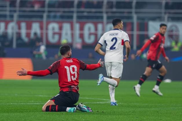 Theo Hernandez of AC Milan reacts during UEFA Champions League 2023 24 Group Stage - Group F football match between AC Milan and Paris Saint-Germain FC at San Siro Stadium, Milan, Italy on November 07, 2023  Copyright: xFabrizioxCarabelli IPAxSportx xix xx IPA_41480888 IPA_Agency_IPA41480888