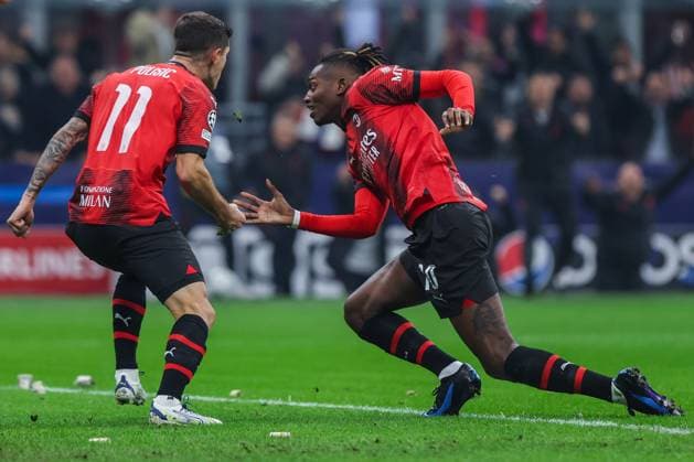 Rafael Leao of AC Milan celebrates after scoring a goal during UEFA Champions League 2023 24 Group Stage - Group F football match between AC Milan and Paris Saint-Germain FC at San Siro Stadium, Milan, Italy on November 07, 2023  Copyright: xFabrizioxCarabelli IPAxSportx xix xx IPA_41480889 IPA_Agency_IPA41480889