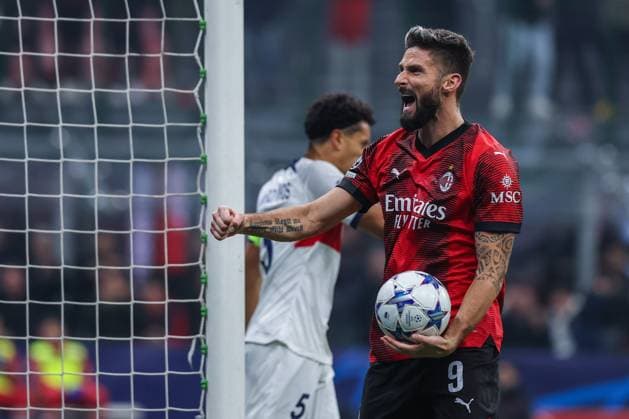 Olivier Giroud of AC Milan celebrates during UEFA Champions League 2023 24 Group Stage - Group F football match between AC Milan and Paris Saint-Germain FC at San Siro Stadium, Milan, Italy on November 07, 2023  Copyright: xFabrizioxCarabelli IPAxSportx xix xx IPA_41480891 IPA_Agency_IPA41480891