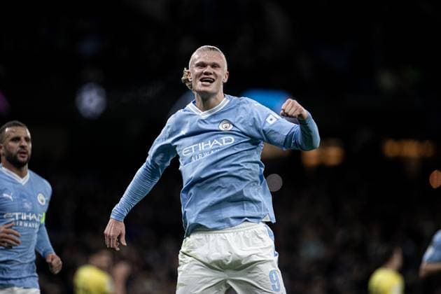 MANCHESTER, ENGLAND NOVEMBER 7 Erling Haaland of Man City celebrates his goal during the UEFA Champions League Group Stage match between Manchester City and BSC Young Boys at Etihad Stadium on November 7, 2023 in Manchester, England Manchester Etihad Stadium England United Kingdom Copyright: xJustPictures.ch DaniloxFernandesx jp-en-EuSpIm-Man.City_Y.Boys_07Nov2023_DAF_00009