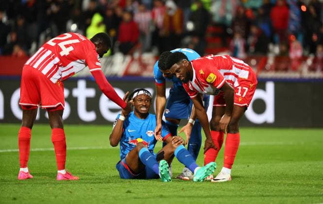 Red Star Belgrade RB Leipzig Champions League Beograd, 07 11 2023, Stadion Rajko Mitic, Football , UEFA Champions League, Group G , Matchday 4 , Red Star Belgrade vs RB Leipzig , Pictured from left Nasser Djiga 24, Belgrade , Mohamed Simakan 2, RB Leipzig , Benjamin Henrichs hi , RB Leipzig and Jean Philippe Krasso 17, Belgrade , Photo for editorial use only , UEFA regulations prohibit any use of photographs as image sequences and or quasi video ,