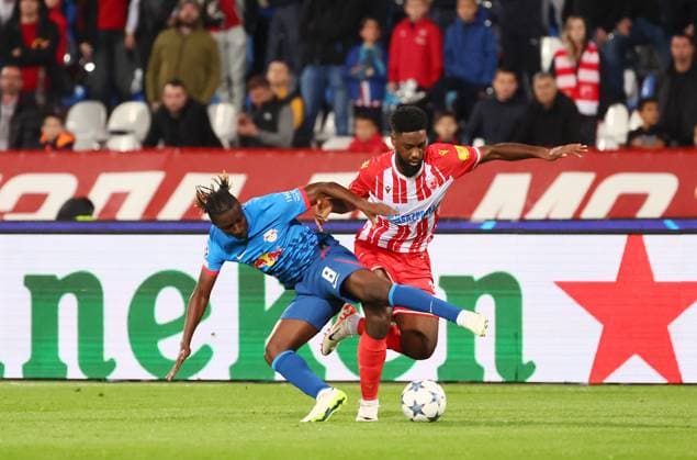 Red Star Belgrade RB Leipzig Champions League Beograd, 07 11 2023, Stadion Rajko Mitic, Fußball , UEFA Champions League, Gruppe G , Spieltag 4 , Red Star Belgrade vs RB Leipzig , Im Bild von li Amadou Haidara 8, RB Leipzig und Jean Philippe Krasso 17, Belgrade , Foto nur zur redaktionellen Nutzung bestimmt , UEFA regulations prohibit any use of photographs as image sequences and or quasi video ,