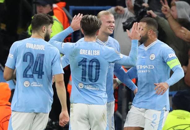 7th November 2023; Etihad Stadium, Manchester, England; Champions League Football, Group Stage, Manchester City versus Young Boys; Erling Haaland of Manchester City celebrates after beating Young Boys goalkeeper Anthony Racioppi from the penalty spot to give his side a 1-0 lead after 23 minutes  ActionPlus12573568 DavidxBlunsden
