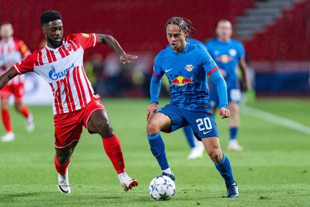 David Raum RB Leipzig, 22 Jean Philippe Krasso Red Star Belgrade, 17 Red Star Belgrade vs RB Leipzig, Football, UEFA Champions League, Matchday 4, 07 11 2023 DFL REGULATIONS PROHIBIT ANY OUSE OF PHOTOGRAPHS AS IMAGE SEQUENCES AND OR QUASI VIDEO Red Star Belgrade vs RB Leipzig, Football, UEFA Champions League, Matchday 4, 07 11 2023 Belgrade Copyright: xEibner-Pressefoto BahhoxKarax EP_RSB