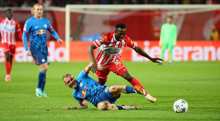 Red Star Belgrade RB Leipzig Champions League Beograd, 07 11 2023, Stadion Rajko Mitic, Football , UEFA Champions League, Group G , Matchday 4 , Red Star Belgrade vs RB Leipzig , Pictured from left David Raum 22, RB Leipzig and Osman BukariÊ 30, Belgrade , Photo for editorial use only , UEFA regulations prohibit any use of photographs as image sequences and or quasi video ,
