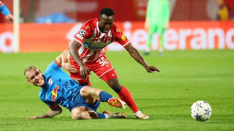 Red Star Belgrade RB Leipzig Champions League Beograd, 07 11 2023, Stadion Rajko Mitic, Football , UEFA Champions League, Group G , Matchday 4 , Red Star Belgrade vs RB Leipzig , Pictured from left David Raum 22, RB Leipzig and Osman BukariÊ 30, Belgrade , Photo for editorial use only , UEFA regulations prohibit any use of photographs as image sequences and or quasi video ,
