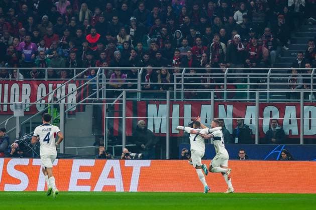 Milan Skriniar of Paris Saint-Germain FC celebrates with his team mates after scoring a goal during UEFA Champions League 2023 24 Group Stage - Group F football match between AC Milan and Paris Saint-Germain FC at San Siro Stadium, Milan, Italy on November 07, 2023  Copyright: xFabrizioxCarabelli IPAxSportx xix xx IPA_41481277 IPA_Agency_IPA41481277