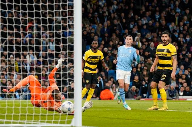 Manchester, England, 7th November 2023. Phil Foden of Manchester City scoring his sides second goal during the UEFA Champions League, Group G match at the Etihad Stadium, Manchester. Picture credit should read: Andrew Yates Sportimage EDITORIAL USE ONLY. No use with unauthorised audio, video, data, fixture lists, club league logos or live services. Online in-match use limited to 120 images, no video emulation. No use in betting, games or single club league player publications. SPI-2717-0054