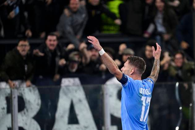 Ciro Immobile of SS Lazio celebrates after scoring the goal of 1-0 during the Champions League Group E football match between SS Lazio and Feyenoord at Olimpico stadium in Rome (Italy), November 7th, 2023. andreaxstaccioli