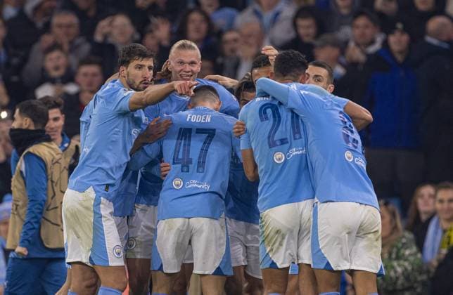 Football - UEFA Champions League - Group G - Manchester City FC v BSC Young Boys MANCHESTER, ENGLAND - Tuesday, November 7, 2023: Manchester City s Erling Haaland celebrates after scoring the third goal during the UEFA Champions League Group G match between Manchester City FC and BSC Young Boys at the City of Manchester Stadium. (Photo by David Rawcliffe Propaganda) MANCHESTER City of Manchester Stadium GREATER MANCHESTER ENGLAND  Copyright: xDavidxRawcliffex P2023-11-07-Man_City_Young_Boys-66