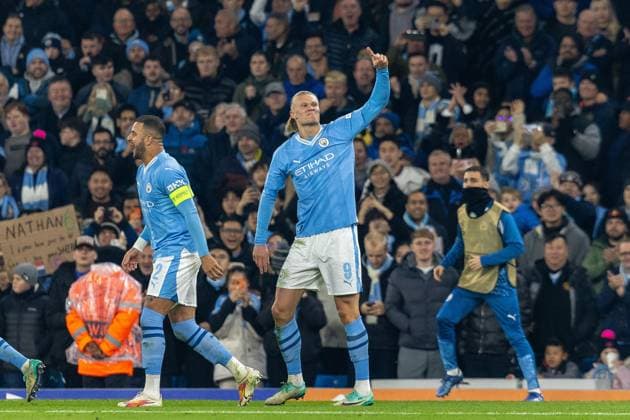 Manchester City v BSC Young Boys Champions League 07 11 2023. GOAL 3-0 Manchester City forward Erling Haaland (9) scores and celebrates during the Champions League match between Manchester City and BSC Young Boys at the Etihad Stadium, Manchester, England on 7 November 2023. Editorial use only , Copyright: xIanxStephenx PSI-18365-0026