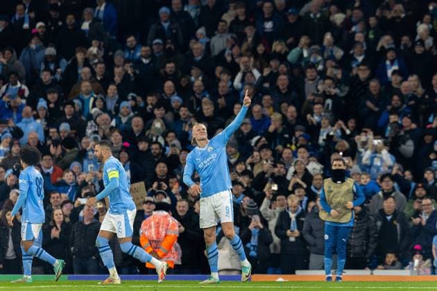 Manchester City v BSC Young Boys Champions League 07 11 2023. GOAL 3-0 Manchester City forward Erling Haaland (9) scores and celebrates during the Champions League match between Manchester City and BSC Young Boys at the Etihad Stadium, Manchester, England on 7 November 2023. Editorial use only , Copyright: xIanxStephenx PSI-18365-0028