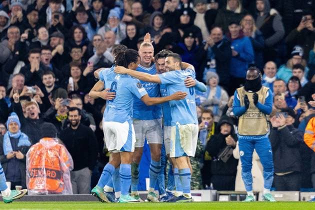 Manchester City v BSC Young Boys Champions League 07 11 2023. GOAL 3-0 Manchester City forward Erling Haaland (9) scores and celebrates during the Champions League match between Manchester City and BSC Young Boys at the Etihad Stadium, Manchester, England on 7 November 2023. Editorial use only , Copyright: xIanxStephenx PSI-18365-0030