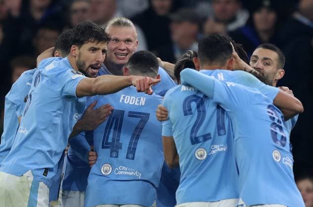 7th November 2023; Etihad Stadium, Manchester, England; Champions League Football, Group Stage, Manchester City versus Young Boys; Erling Haaland of Manchester City celebrates with his team mates after scoring his side& x2019;s third goal after 51 minutes  ActionPlus12573607 DavidxBlunsden