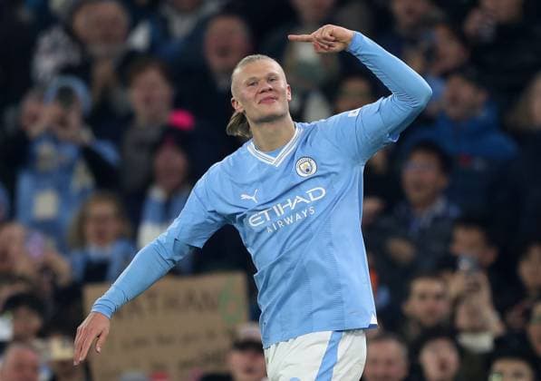 7th November 2023; Etihad Stadium, Manchester, England; Champions League Football, Group Stage, Manchester City versus Young Boys; Erling Haaland of Manchester City celebrates after scoring his side& x2019;s third goal after 51 minutes  ActionPlus12573610 DavidxBlunsden