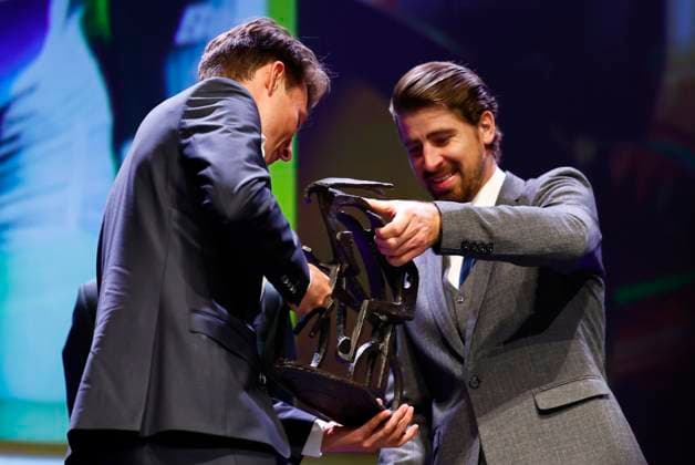 De Flandrien 2023 OOSTENDE, BELGIUM - NOVEMBER 07 : Philipsen Jasper (BEL) of Alpecin-Deceuninck and Sagan Peter (SVK) of TotalEnergies pictured during the 2023 Flandrien award ceremony, organized by newspaper Het Nieuwsblad on November 7, 2023 in Oostende, Belgium, 07 11 2023 Oostende Belgium  Copyright: xJanxDexMeuleneirx