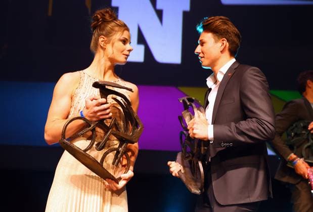 Belgian Lotte Kopecky and Belgian Jasper Philipsen pose with their trophy during the Flandrien award ceremony for the best Belgian cyclist of the 2023 cycling season, organized by newspaper Het Nieuwsblad , in Oostende, on Tuesday 07 November 2023. DAVIDxPINTENS  x79487521x