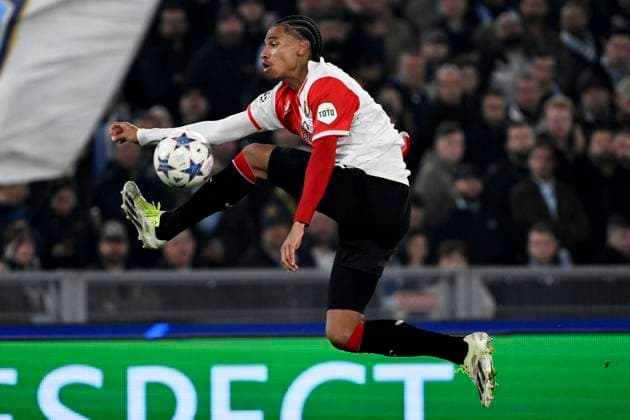 Calvin Stengs of Feyenoord in action during the Champions League Group E football match between SS Lazio and Feyenoord at Olimpico stadium in Rome (Italy), November 7th, 2023. andreaxstaccioli
