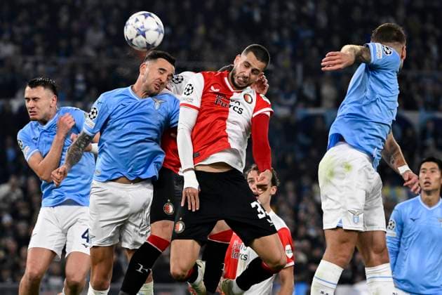 Patricio Gabarron Gil alias Patric, Matias Vecino of SS Lazio and David Hancko of Feyenoord during the Champions League Group E football match between SS Lazio and Feyenoord at Olimpico stadium in Rome (Italy), November 7th, 2023. andreaxstaccioli
