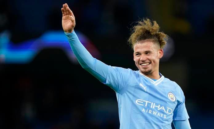 Manchester, England, 7th November 2023. Kalvin Phillips of Manchester City celebrates at the final whistle during the UEFA Champions League, Group G match at the Etihad Stadium, Manchester. Picture credit should read: Andrew Yates Sportimage EDITORIAL USE ONLY. No use with unauthorised audio, video, data, fixture lists, club league logos or live services. Online in-match use limited to 120 images, no video emulation. No use in betting, games or single club league player publications. SPI-2717-0086