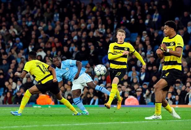 Football - 2023 2024 UEFA Champions League - Group G - Matchday Four of Six - Manchester City vs Young Boys - Etihad Stadium - Tuesday 7th November 2023 Jeremy Doku of Manchester City fires in a shot as he cuts inside on the edge of the area, at the Etihad. 