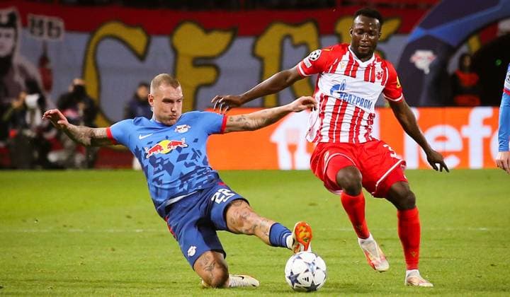 RECORD DATE NOT STATED 07.11.2023 Belgrade(Serbia) FK Crvena Zvezda(Red Star)-RB Leipzig Uefa Champions League group stage men s football David Raum (L) RB Leipzig ,Osman Bukari(R) Crvena Zvezda(Red Star) :S.Sandic