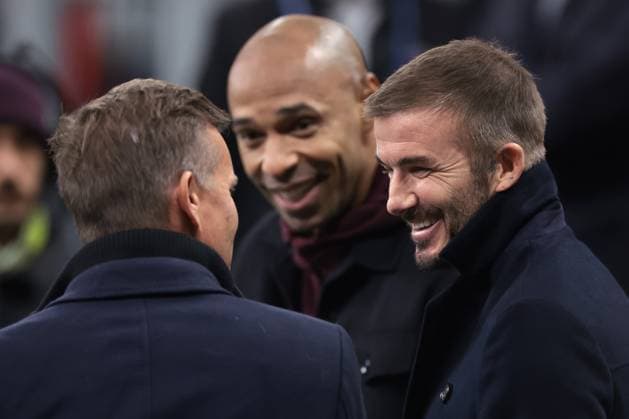 Milan, Italy, 7th November 2023. Former England, Manchester United, ManU LA Galaxy and PSG player and actual President and Co Owner of Inter Miami David Beckham reacts with Former Arsenal and France striker Thierry Henry prior to kick off in the UEFA Champions League match at Giuseppe Meazza, Milan. Picture credit should read: Jonathan Moscrop Sportimage EDITORIAL USE ONLY. No use with unauthorised audio, video, data, fixture lists, club league logos or live services. Online in-match use limited to 120 images, no video emulation. No use in betting, games or single club league player publications. SPI-2699-0067